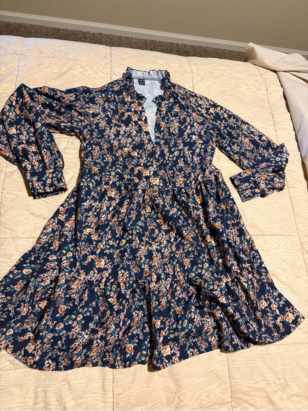 Navy Floral Tiered Long Sleeve Dress
